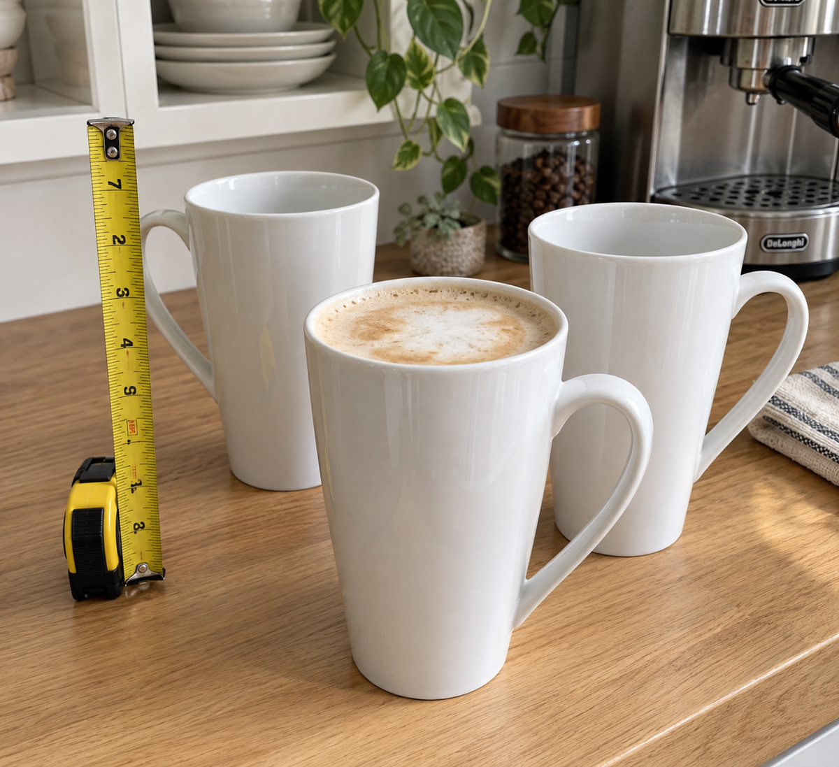 Tall white ceramic coffee mugs filled with latte on a kitchen counter, with a tape measure showing mug height against a cabinet shelf
