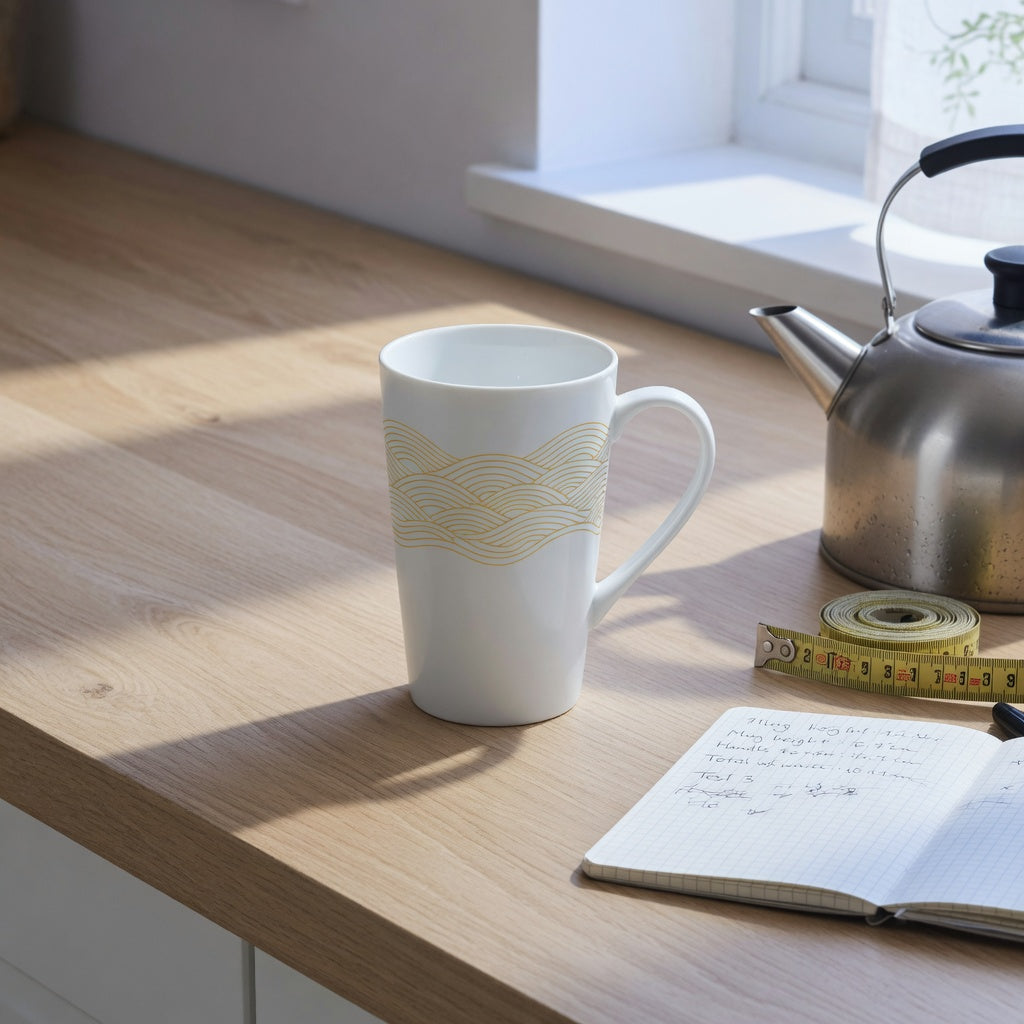 Tall white ceramic coffee tea mug on a kitchen counter beside a tape measure and kettle