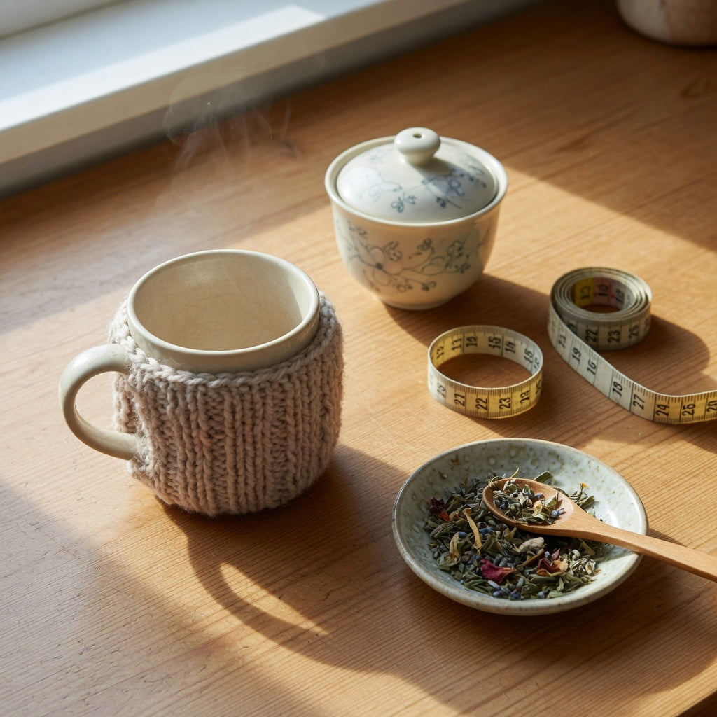 A ceramic tea mug in a knitted sleeve beside a lidded cup, showing both halves of the tea cup cozy ceramic category