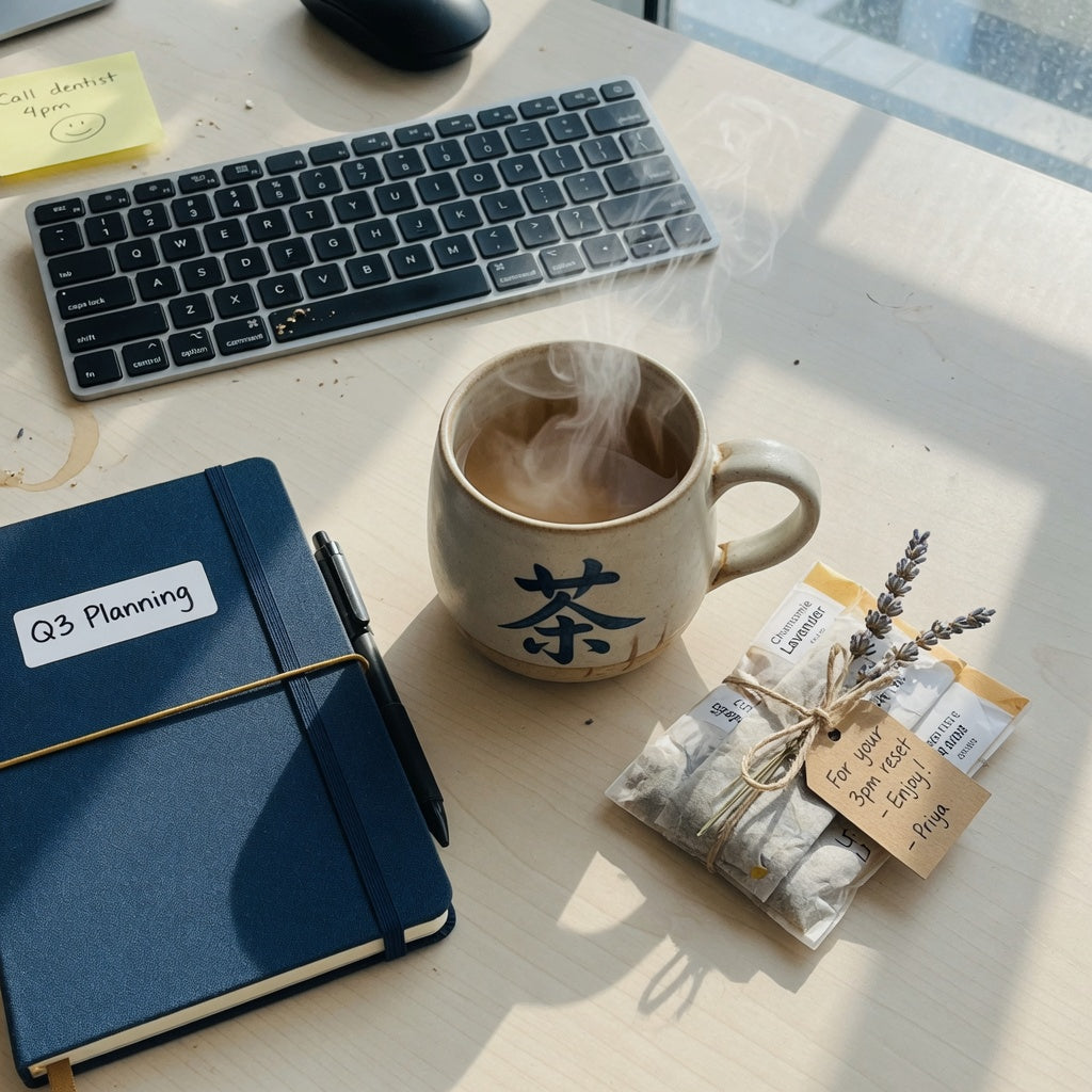 Round tea mug with tea sachets on an office desk beside a keyboard — tea mug gift ideas for coworkers