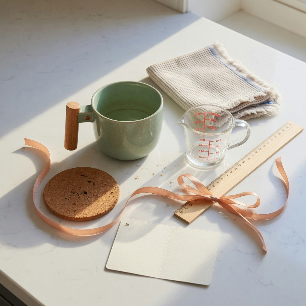 The Cloud Coffee Tea Mug Wooden Handle gift ideas with a measuring jug, coaster, and gift wrap
