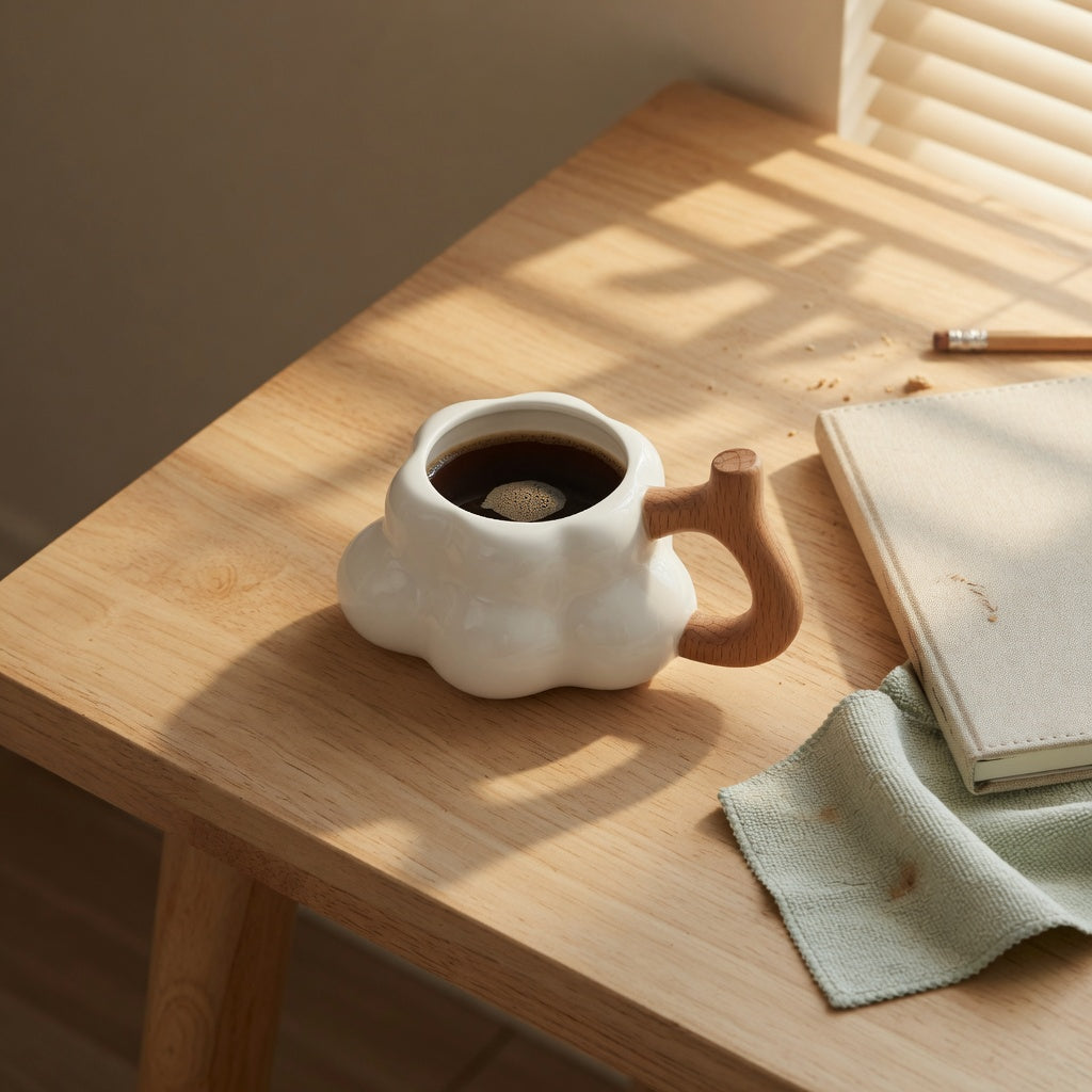 The Cloud Coffee Tea Mug Wooden Handle on a tidy home-office desk beside a notebook