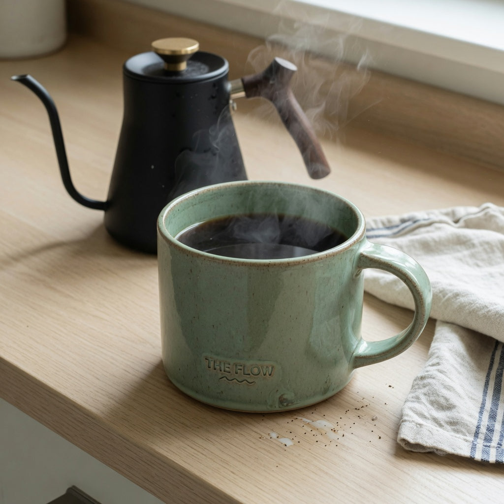 The Flow ceramic mug filled with coffee on a kitchen counter beside a kettle, showing its glaze finish, rim, and handle at a shopper's eye level
