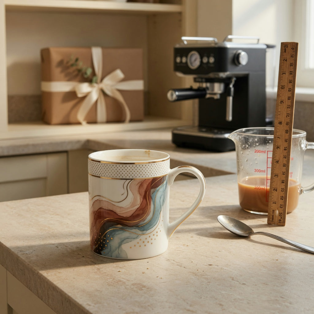 Kitchen comparison of the flow coffee mug beside a measuring jug and ruler for checking capacity, handle fit, and espresso-machine clearance