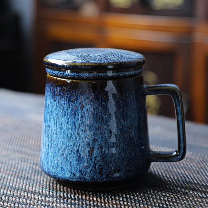 The heavy ceramic coffee mugs shape and handle guide showing The Rock, Spittoon, and The Flow on a kitchen counter