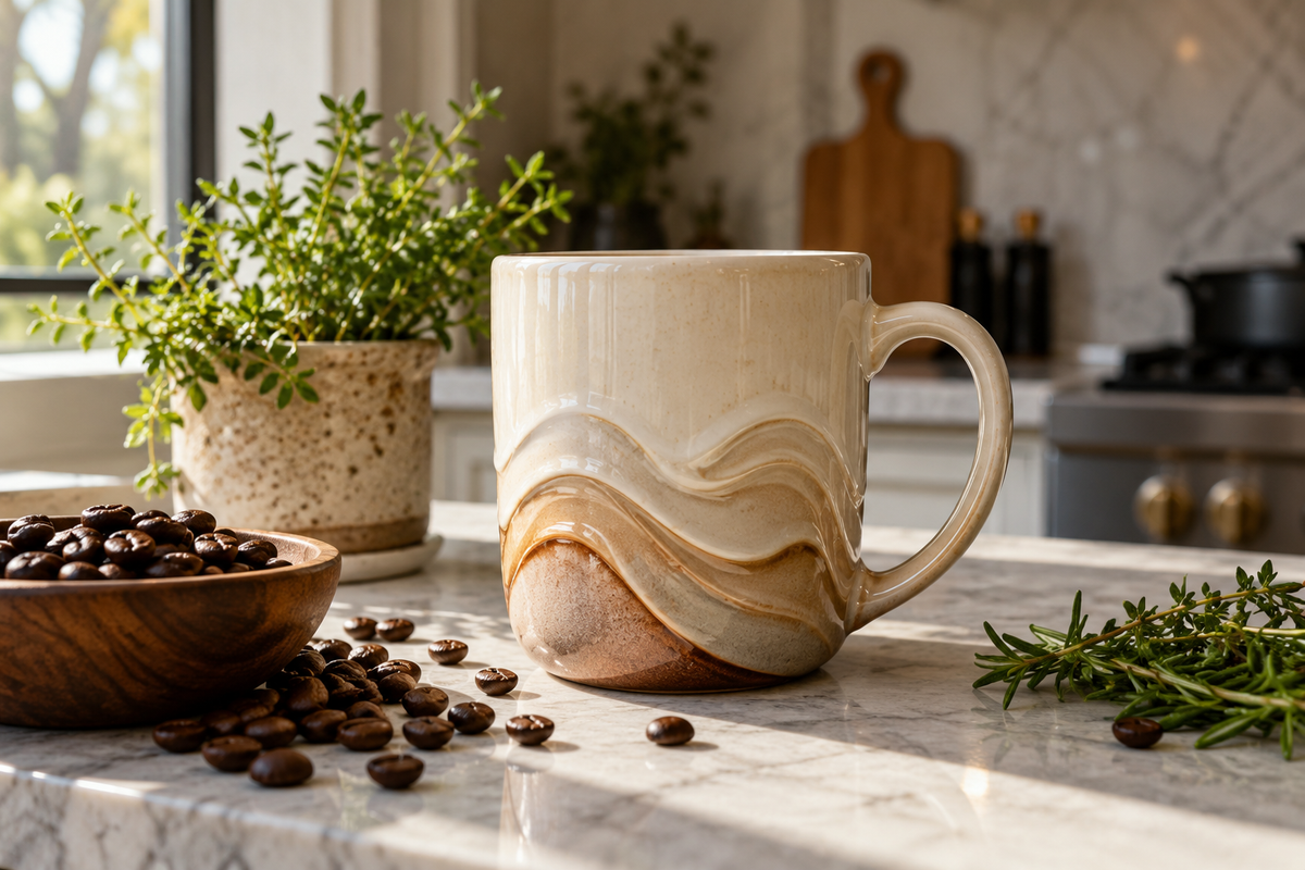 The flow coffee tea mug for decor displayed in a home decor setting with coffee and tea elements