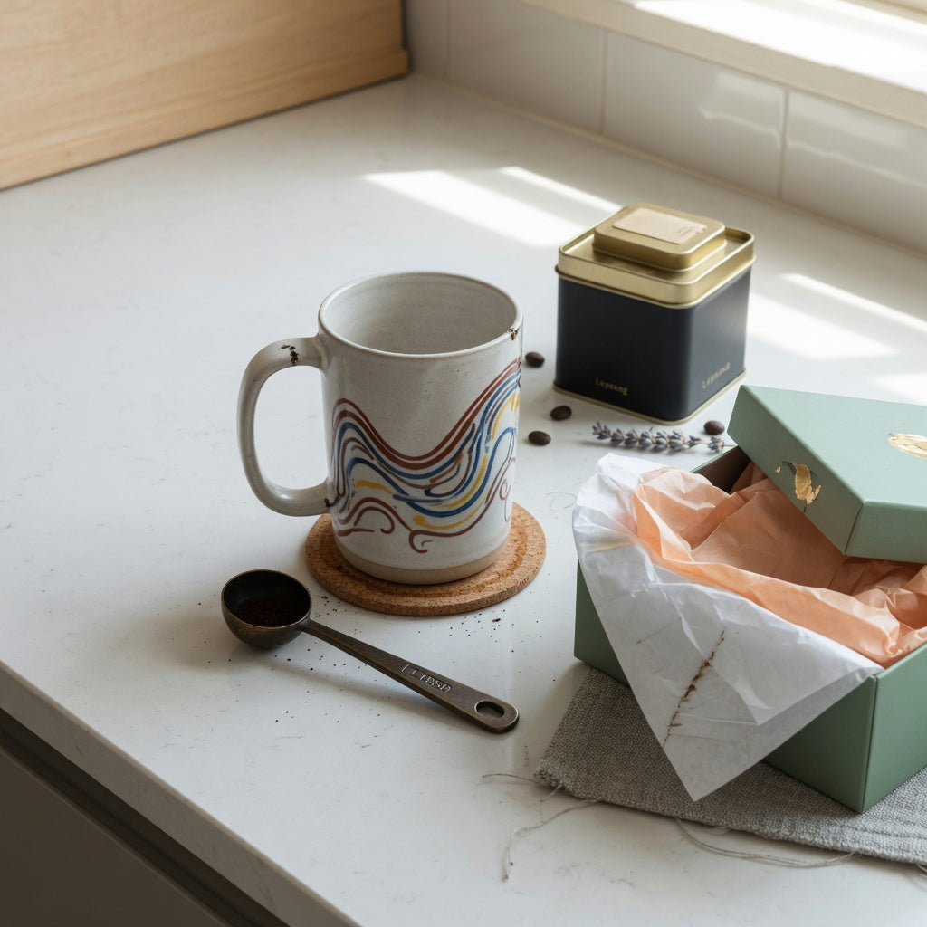 The flow coffee tea mug gift ideas comparison with a large ceramic mug, coffee scoop, tea tin, coaster, and gift box