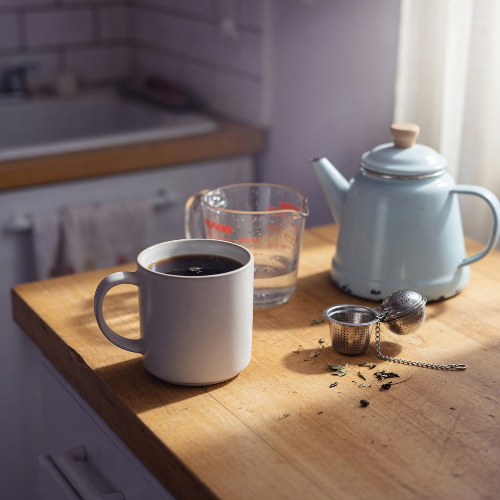 A ceramic mug beside a measuring cup, illustrating the flow coffee tea mug size on a kitchen counter
