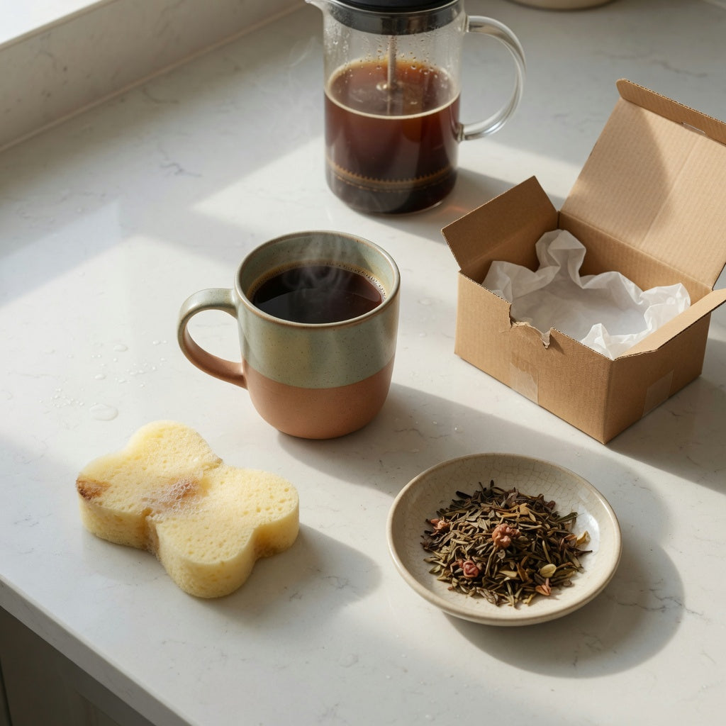 The gradient coffee tea mug gift ideas compared on a kitchen counter with coffee, tea, and gift wrap
