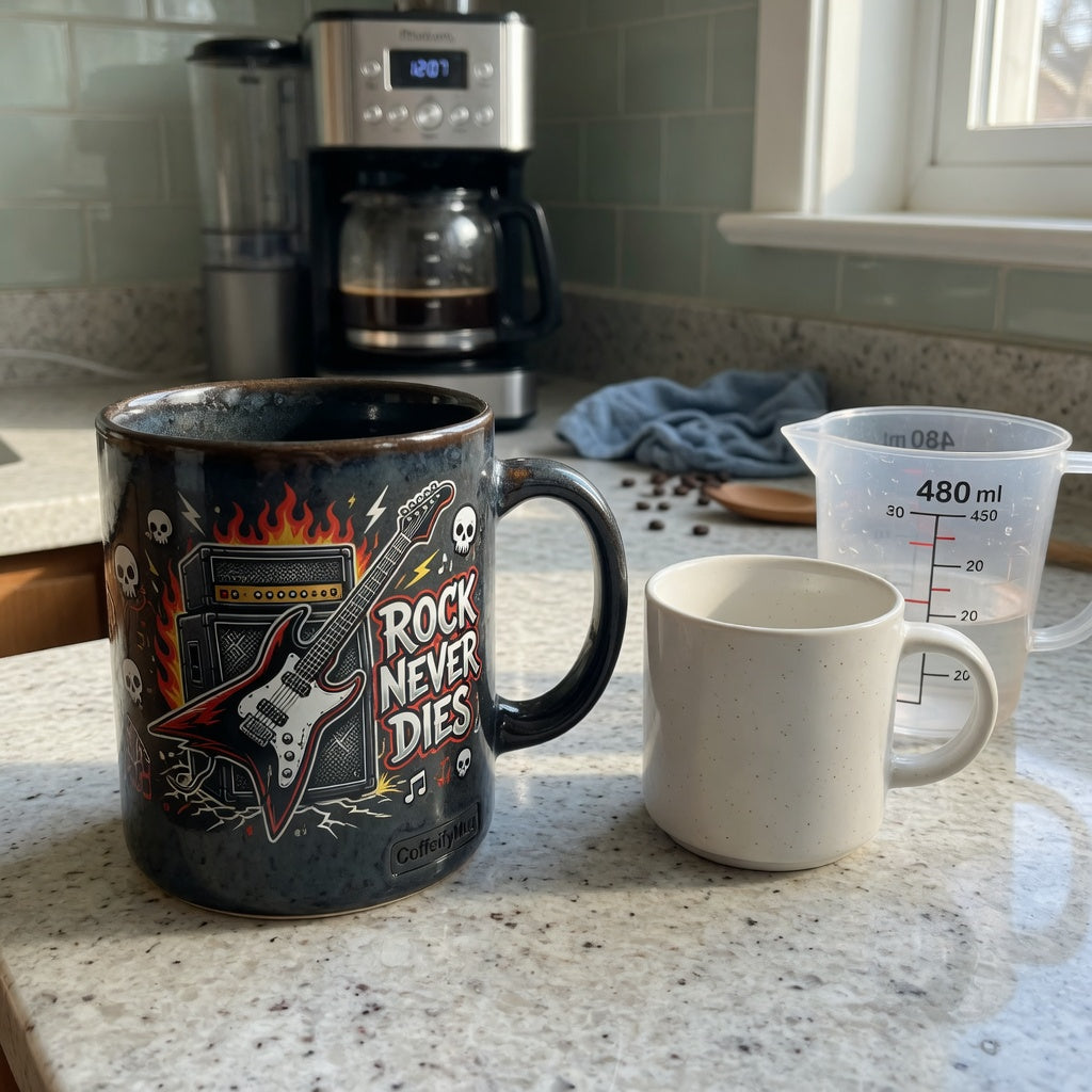 The Rock 480 ml ceramic mug compared with an 11 oz mug and a 480 ml measuring jug on a kitchen counter