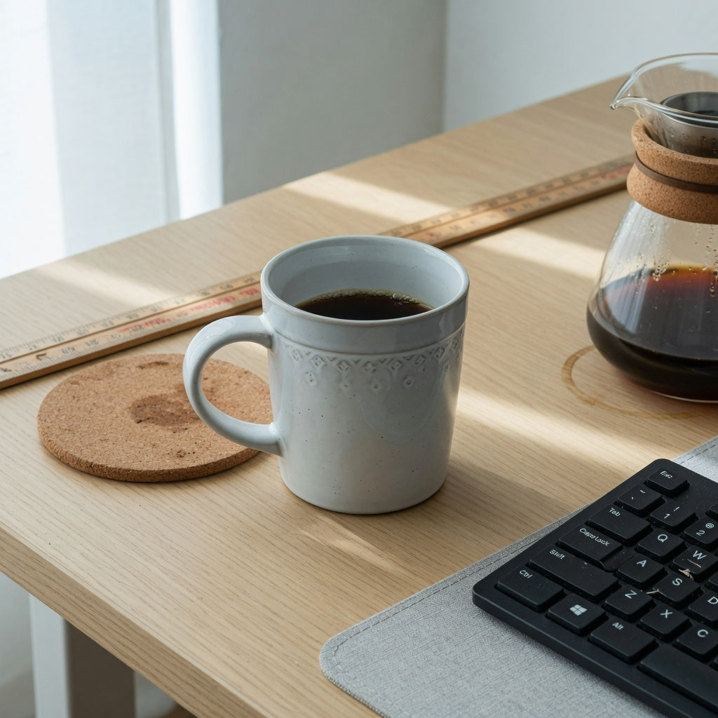 The Rock ceramic coffee mug beside a ruler and coffee carafe for size comparison