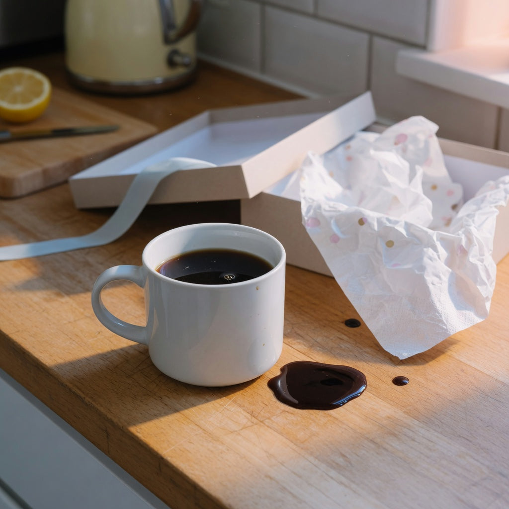 The Rock ceramic coffee mug gift on a kitchen counter beside a coffee pour and open gift tissue