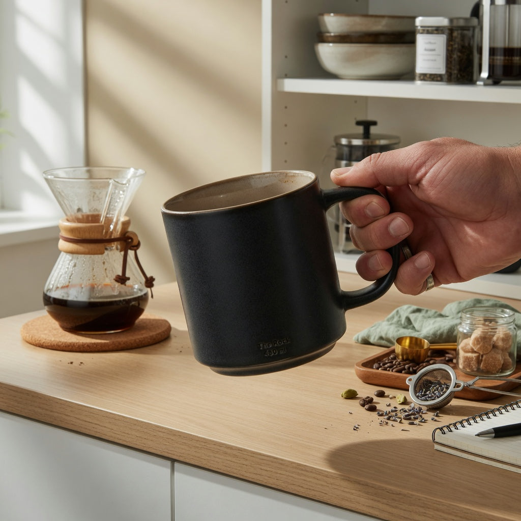 A 480 ml ceramic mug on a desk illustrating the rock coffee tea mug buying checklist for grip, storage, coffee, and tea fit