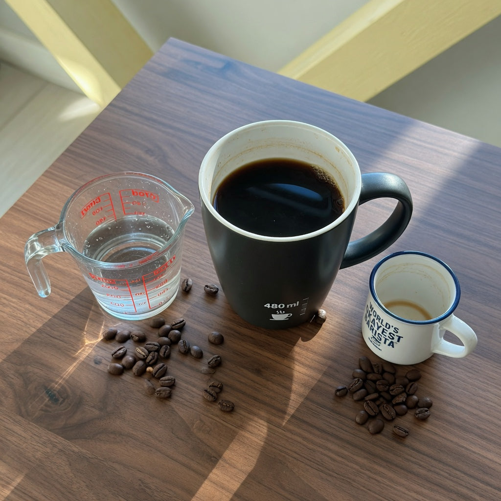 The rock mug 480 ml ceramic mug next to a standard mug for size comparison on a kitchen counter