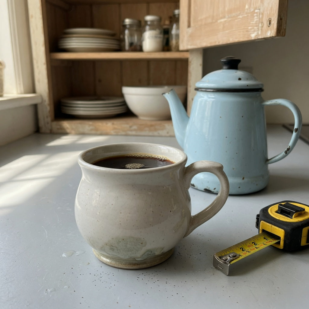 The Spittoon coffee mug beside a kettle and tape measure on a kitchen counter