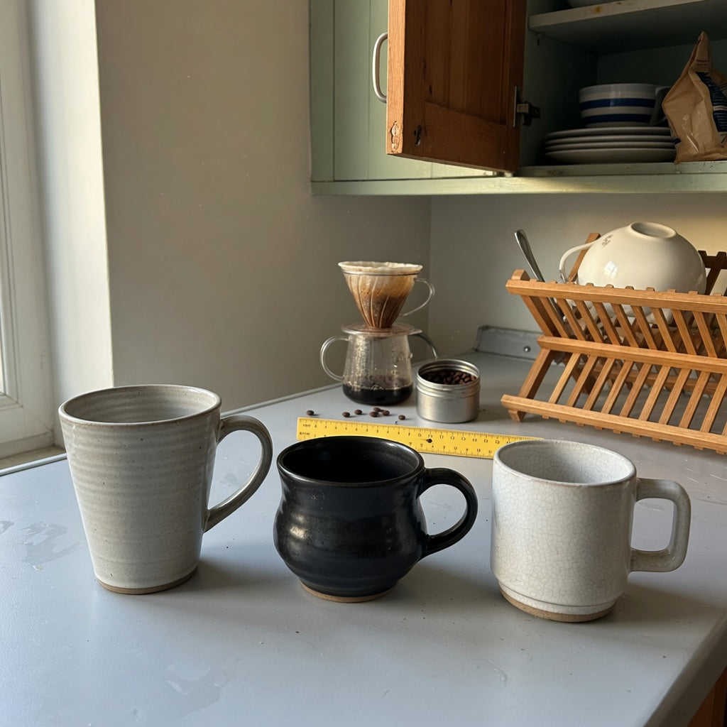 Three-mug lineup for the thick ceramic coffee mugs everyday mug rotation product shortlist guide on a measured kitchen shelf