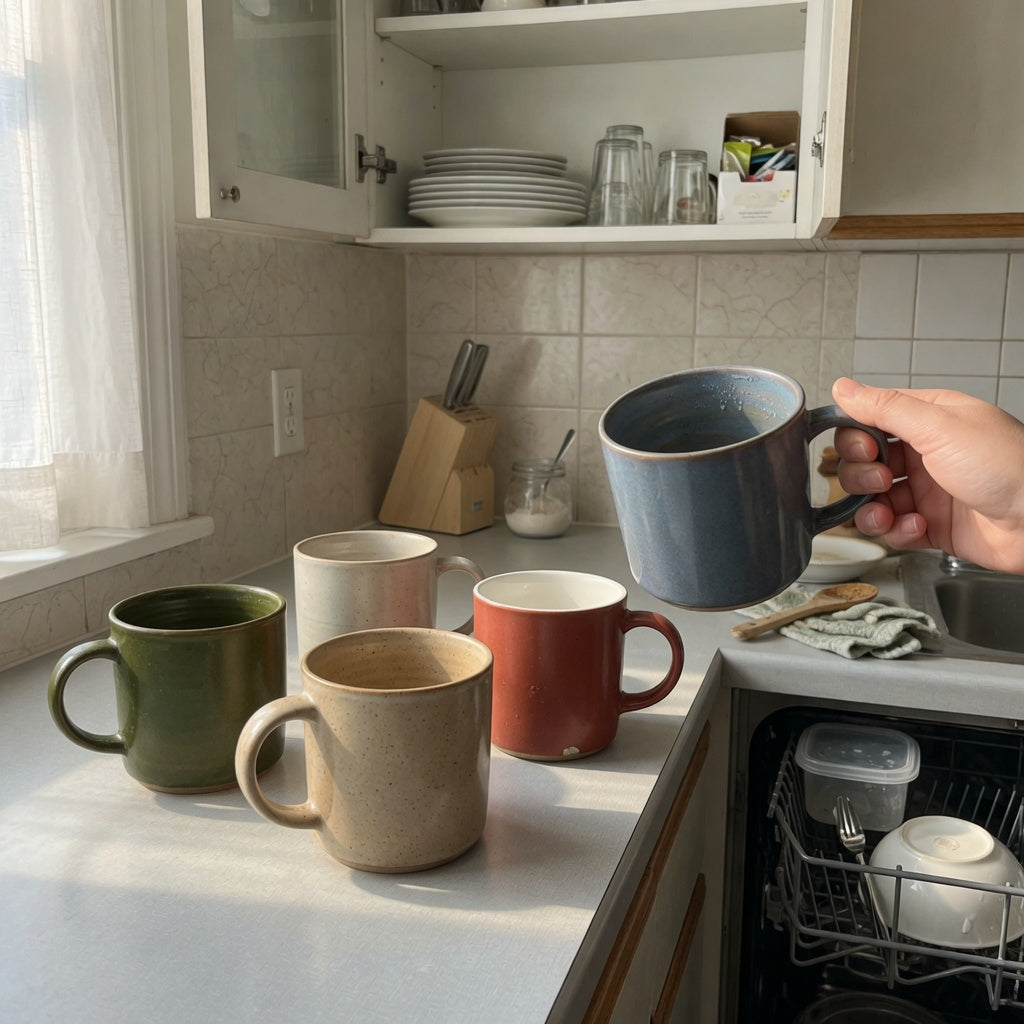 Thick ceramic coffee mugs everyday mug rotation practical purchase checklist shown with daily-use mugs beside a cabinet shelf and dishwasher rack
