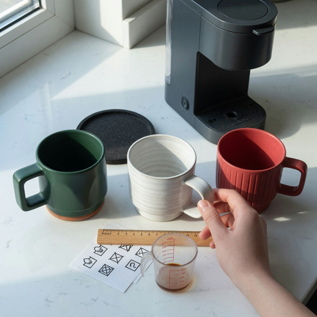 Thick ceramic coffee mugs first time buyer practical purchase checklist with mugs, ruler, measuring cup, coaster, and care details