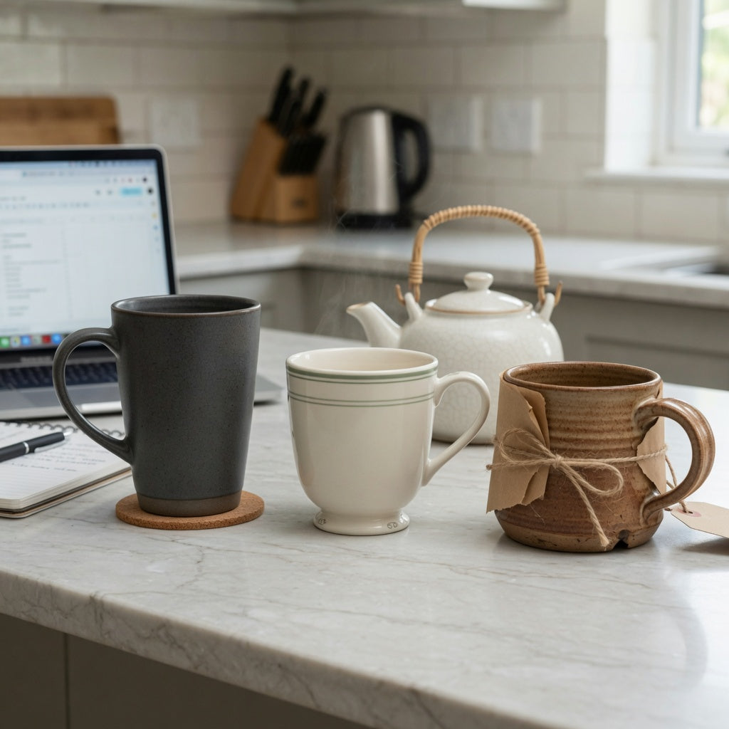 thick ceramic coffee mugs first time buyer product shortlist guide with The Rock, The Flow, and Spittoon shown on a kitchen counter