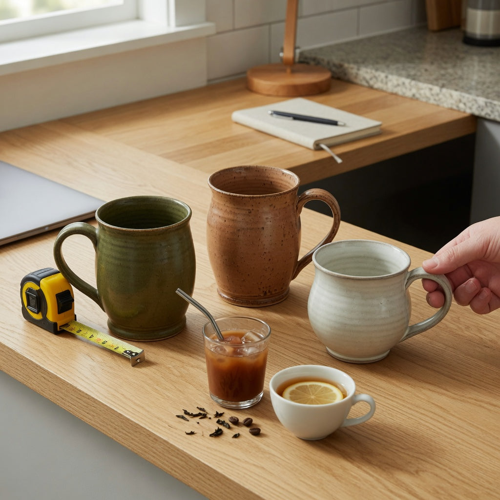thick ceramic coffee mugs gift choice practical purchase checklist with mugs compared by handle and footprint on a desk and kitchen counter