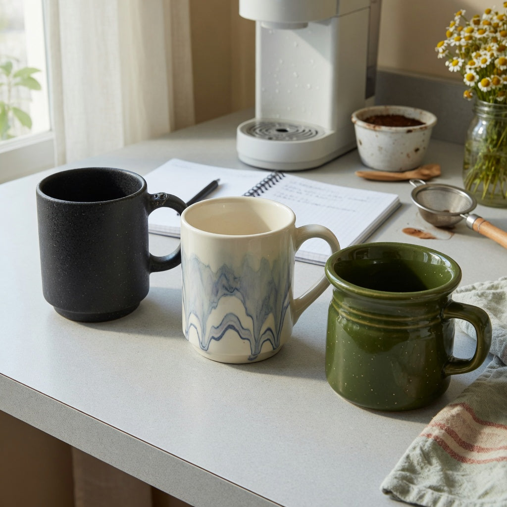Thick ceramic coffee mugs gift choice product shortlist guide with The Rock, The Flow, and Spittoon compared on a kitchen counter