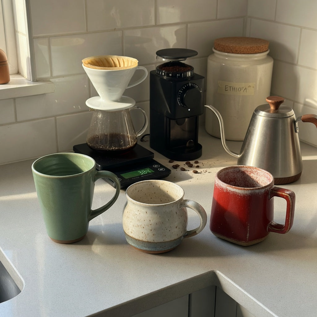 Thick ceramic coffee mugs home coffee station product shortlist guide with three mug shapes beside a grinder, dripper, scale, and kettle