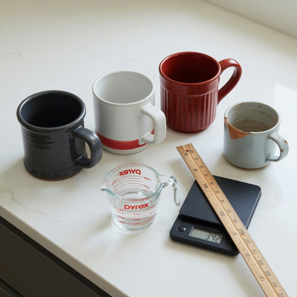 Thick ceramic coffee mugs replacement purchase practical purchase checklist shown with a chipped old mug, ruler, scale, and measuring cup