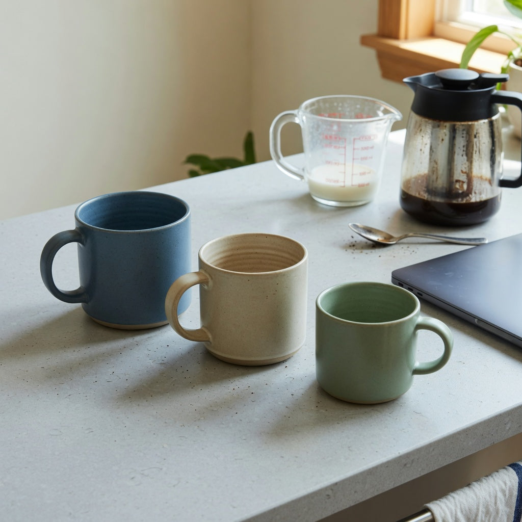 Thick ceramic coffee mugs size decision guide showing smaller and larger mugs beside a measuring jug