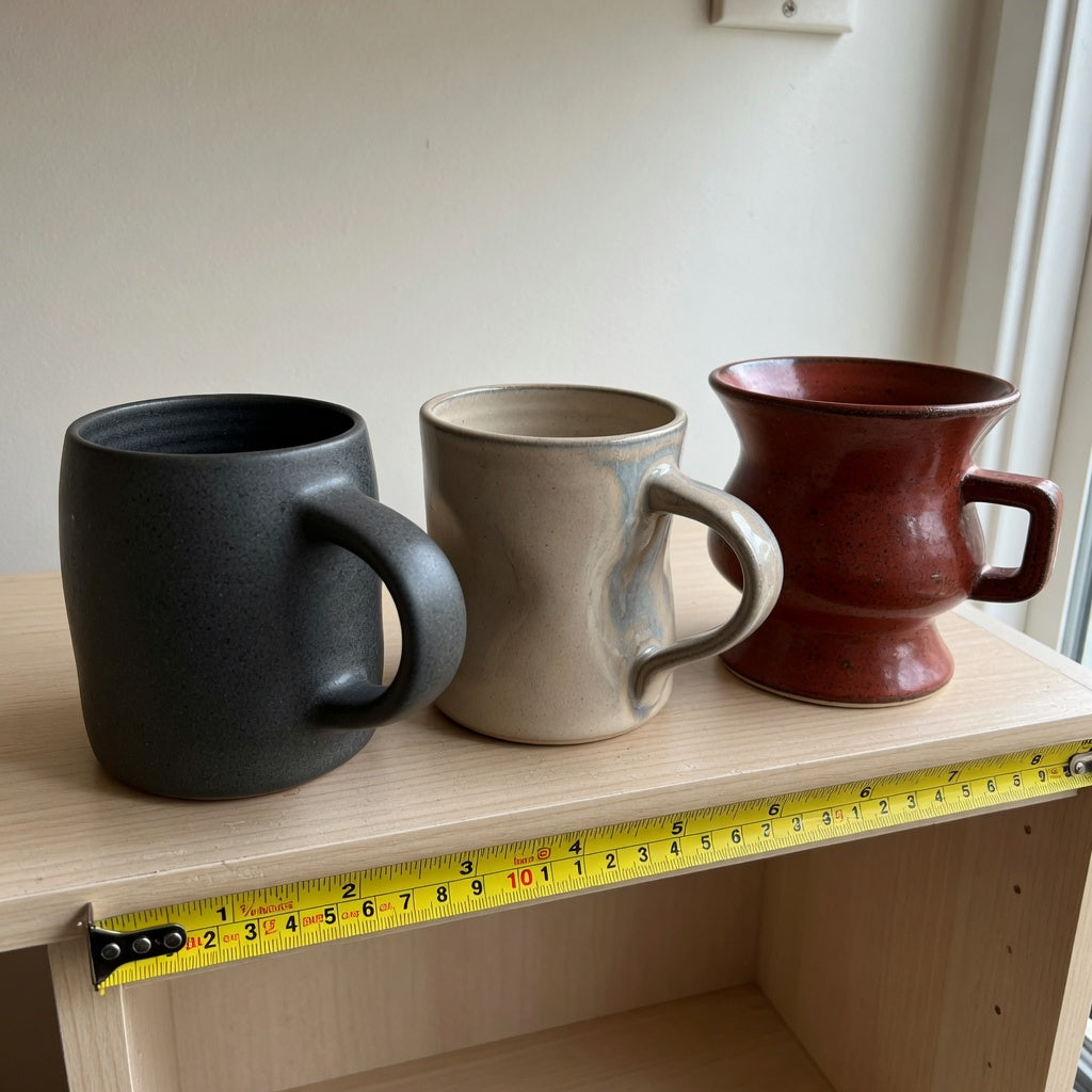 Cabinet shelf comparison for the thick ceramic coffee mugs storage fit guide, with The Rock, The Flow, and Spittoon shown side by side