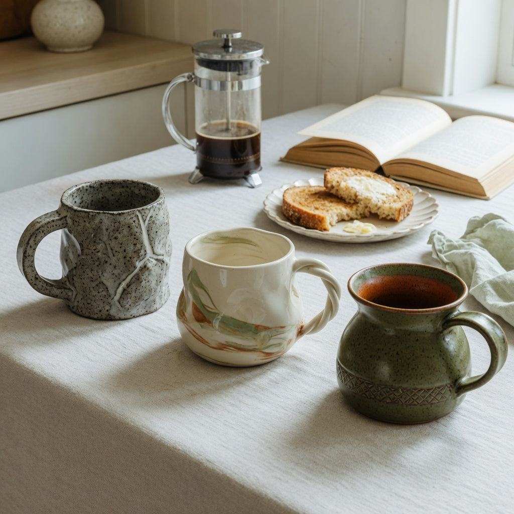 Thick ceramic coffee mugs weekend coffee product shortlist guide showing three sculptural mugs beside a French press, book, and brunch plate