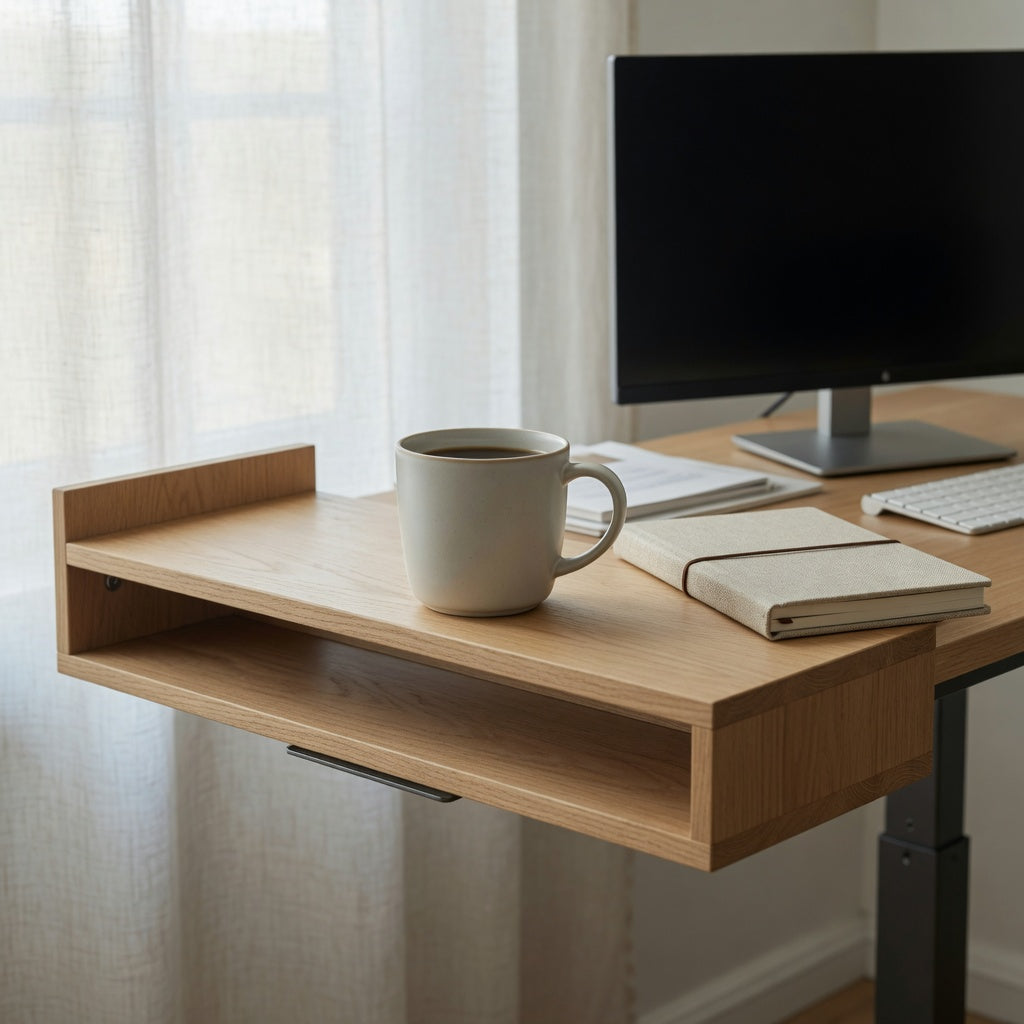 A tidy desk shelf mug on a narrow office shelf beside a monitor and closed notebook