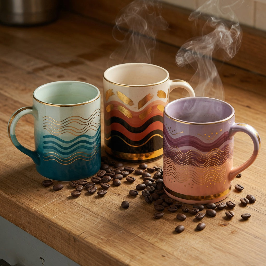 Two color ceramic coffee cups in vibrant two tone designs for coffee lovers