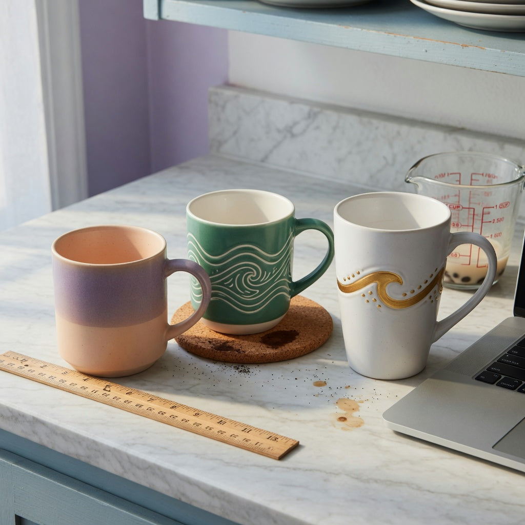 Two tone ceramic coffee mugs buying priorities compared by capacity, shape, cabinet clearance, and desk space