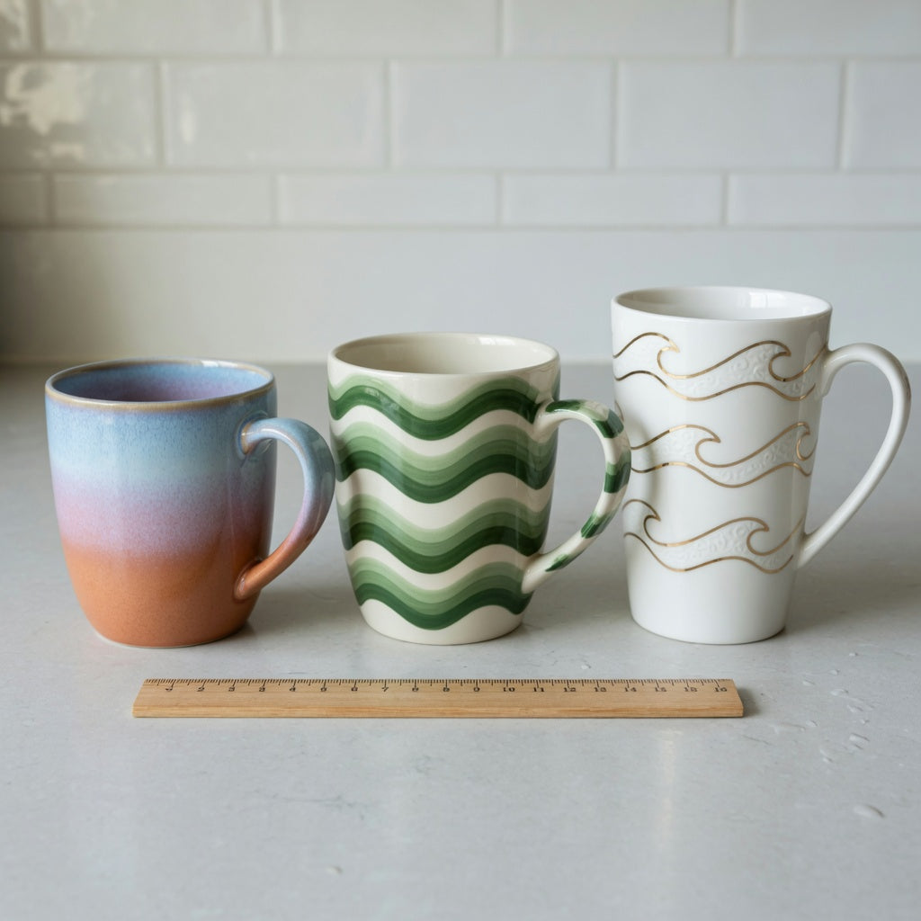 two tone ceramic coffee mugs current product facts comparison showing Gradient, Green Waves, and White Golden Waves Tall designs