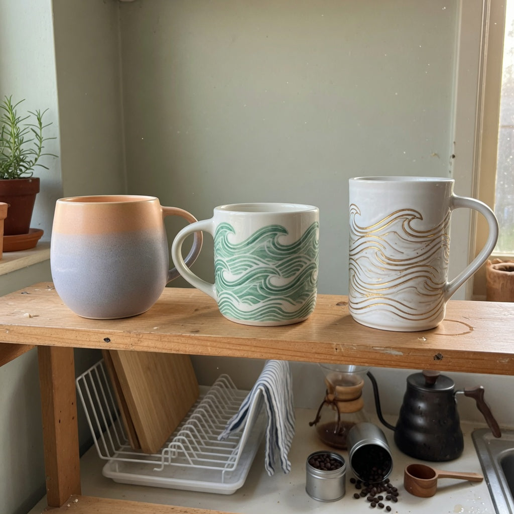 Two tone ceramic coffee mugs everyday mug rotation practical purchase checklist with gradient, green wave, and tall white-golden wave designs
