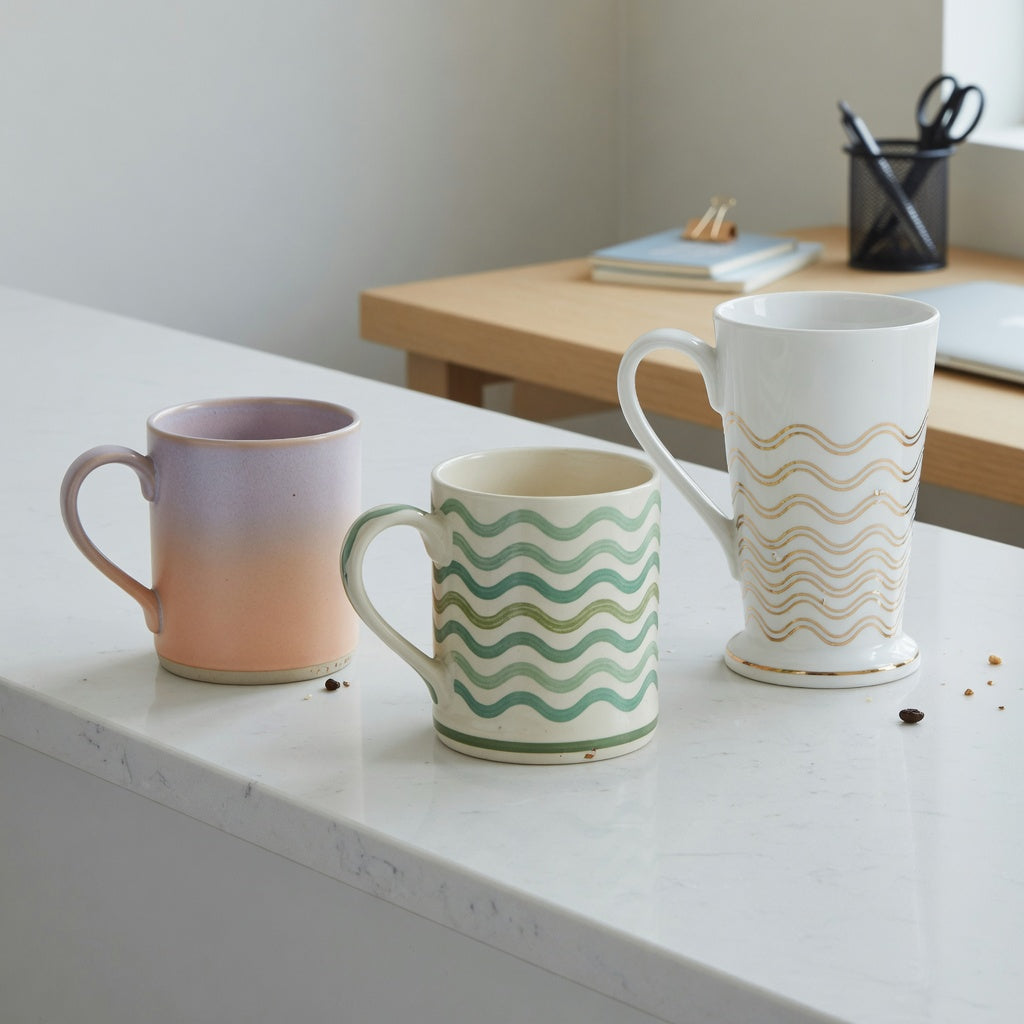 two tone ceramic coffee mugs gift choice product shortlist guide showing gradient, green waves, and tall white golden waves designs