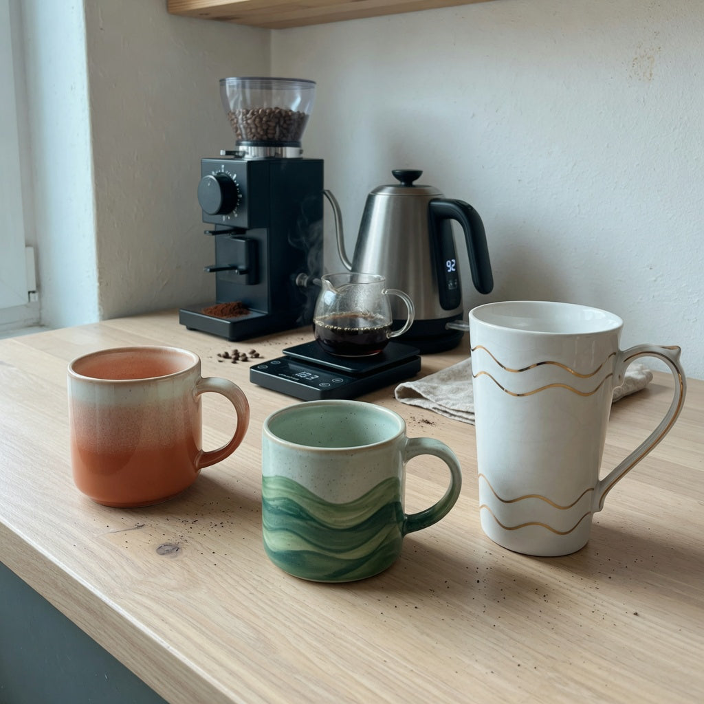two tone ceramic coffee mugs home coffee station product shortlist guide showing gradient, green waves, and tall white golden-wave mugs