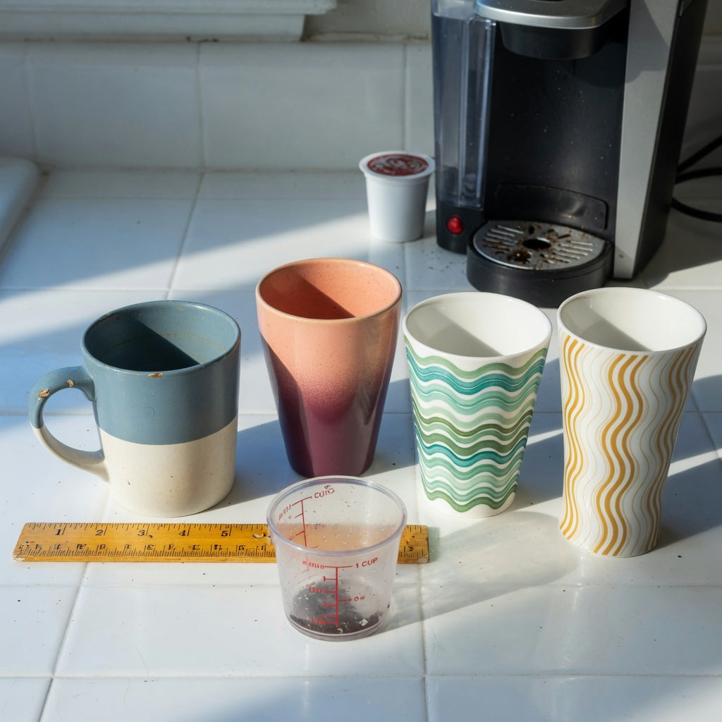 Two tone ceramic coffee mugs replacement purchase practical purchase checklist with a worn mug, ruler, measuring cup, and gradient and wave replacements