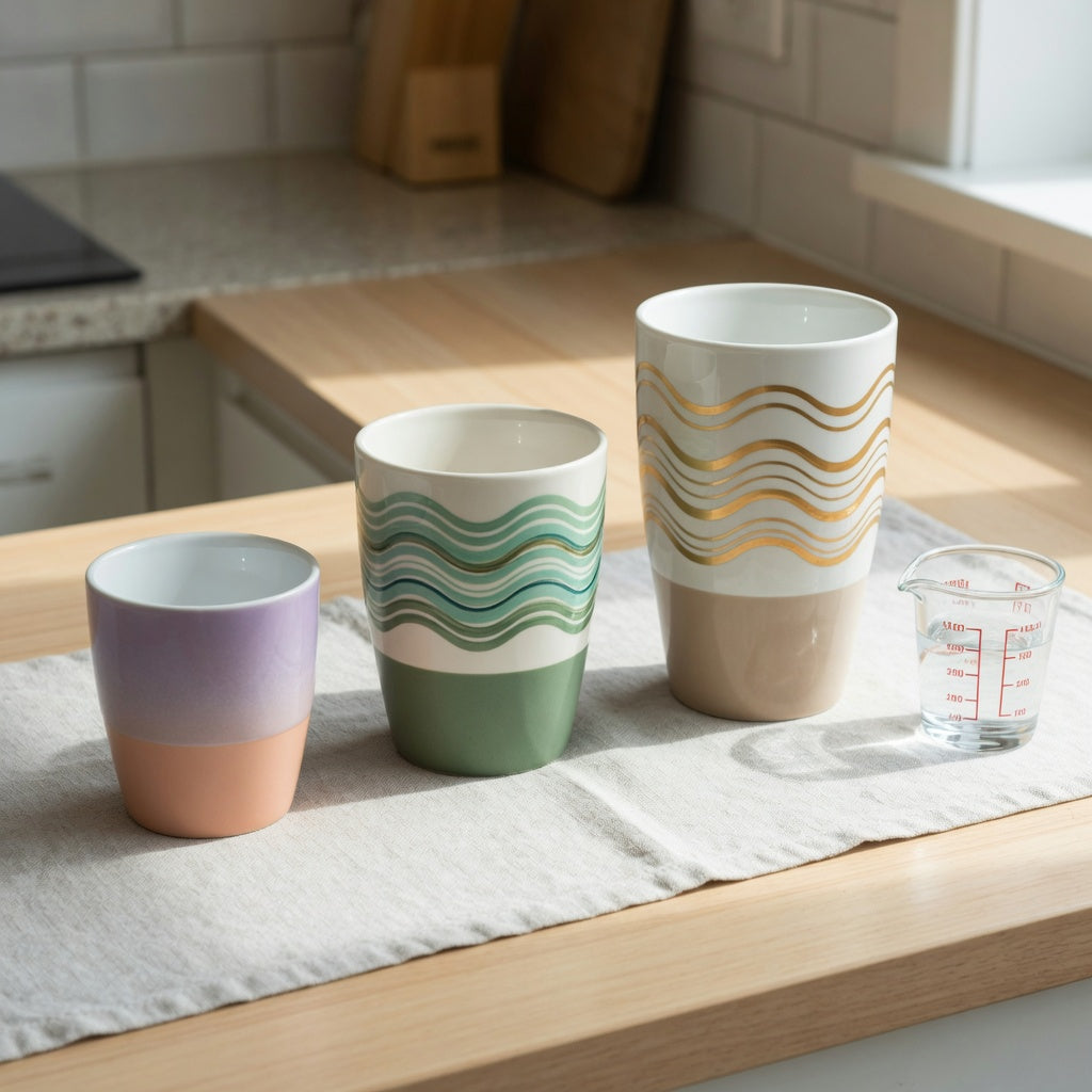 Two tone ceramic coffee mugs size decision guide showing smaller Gradient and Green Waves mugs beside the taller White Golden Waves mug