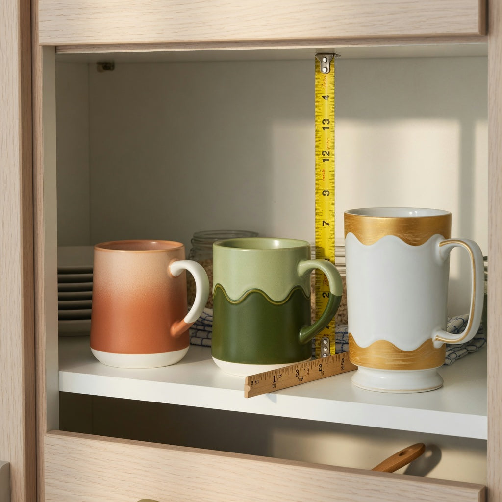 two tone ceramic coffee mugs storage fit guide showing three mug shapes, handles, and cabinet shelf clearance