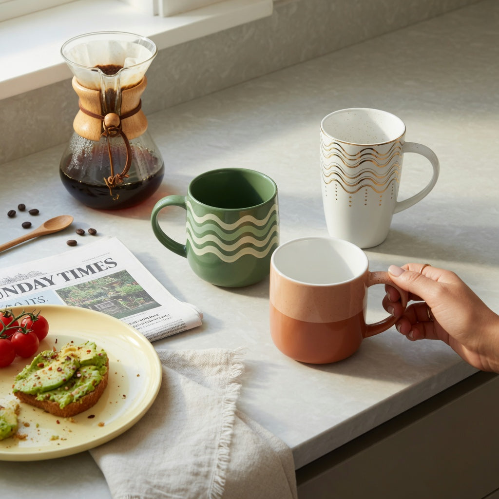 two tone ceramic coffee mugs weekend coffee product shortlist guide showing gradient, green waves, and tall white golden waves designs