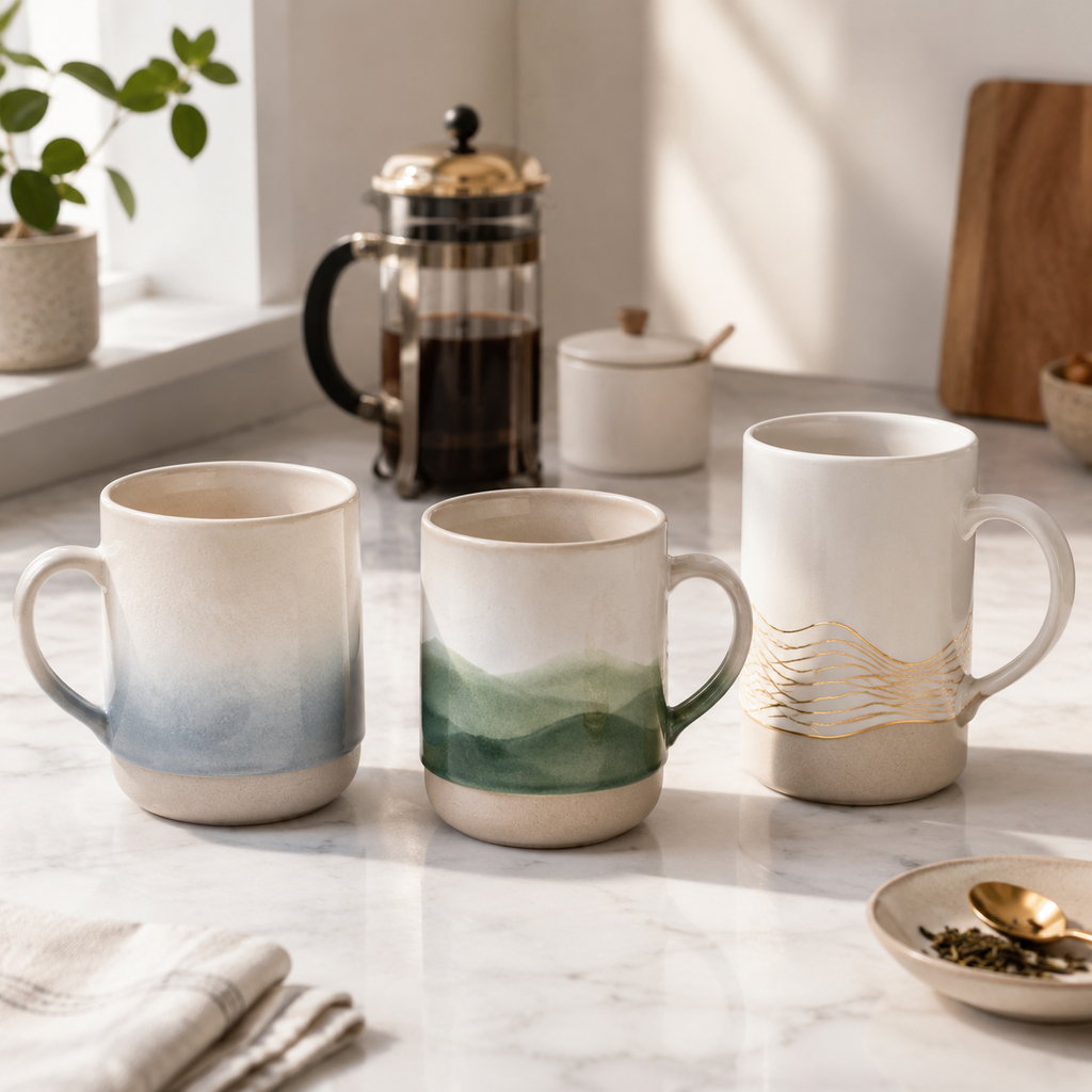 Three two tone ceramic coffee mugs with gradient, green wave, and white-golden wave finishes on a kitchen counter