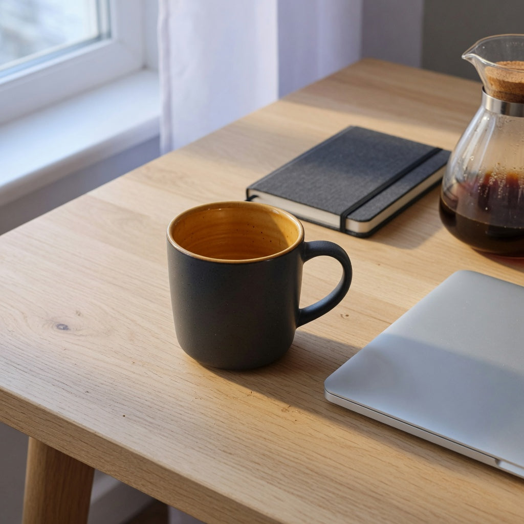 Two tone ceramic mugs for office on a pale oak desk beside a laptop and a glass carafe