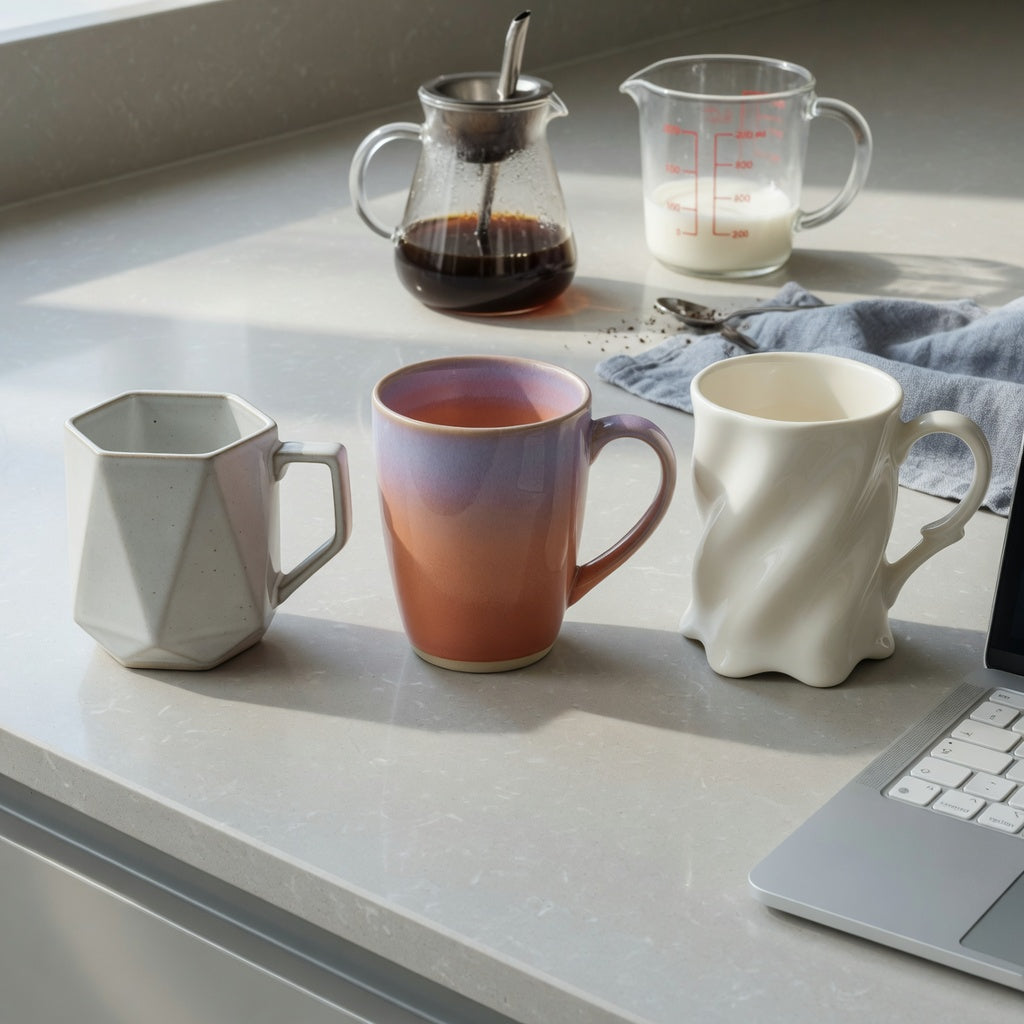 Unique abstract coffee mug comparison with 250 ml geometric, 400 ml gradient, and sculptural ceramic styles