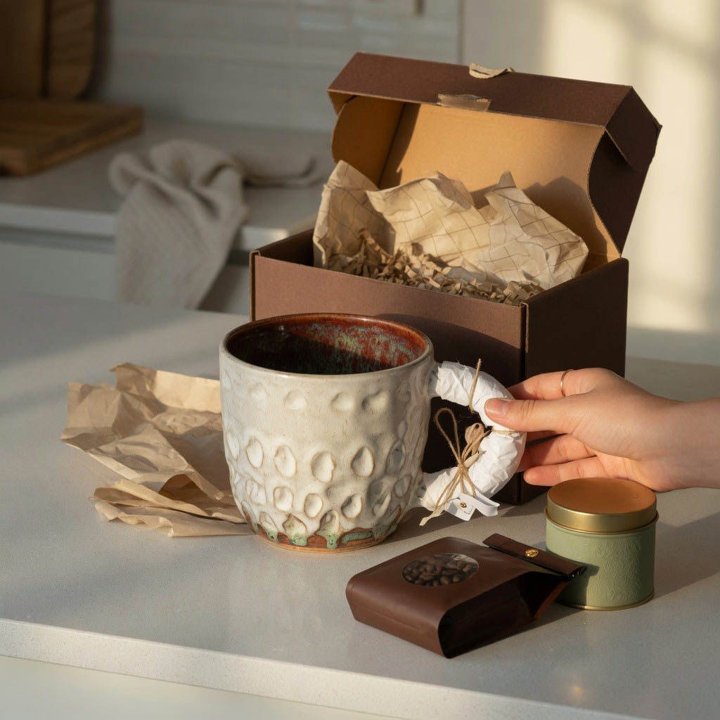 A unique big mug for gifting beside a rigid gift box, tissue, coffee beans, and a tea tin