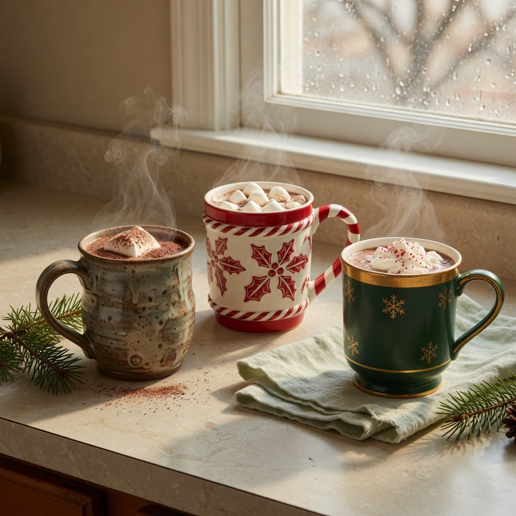 Unique ceramic Christmas coffee mugs compared by handle, glaze, and festive finish on a kitchen counter