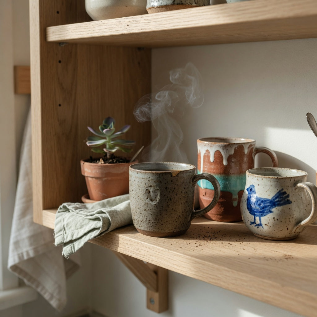 Speckled stoneware unique ceramic coffee mug for home decor on an open oak kitchen shelf beside handmade mugs and a potted plant in morning light