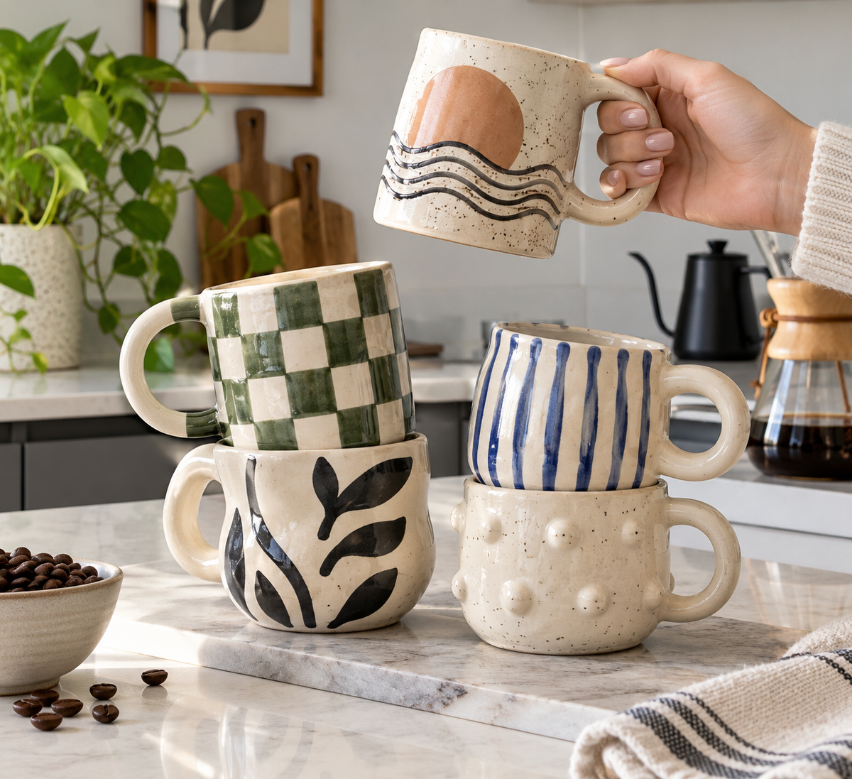 unique ceramic coffee mugs apartment displayed on kitchen counter