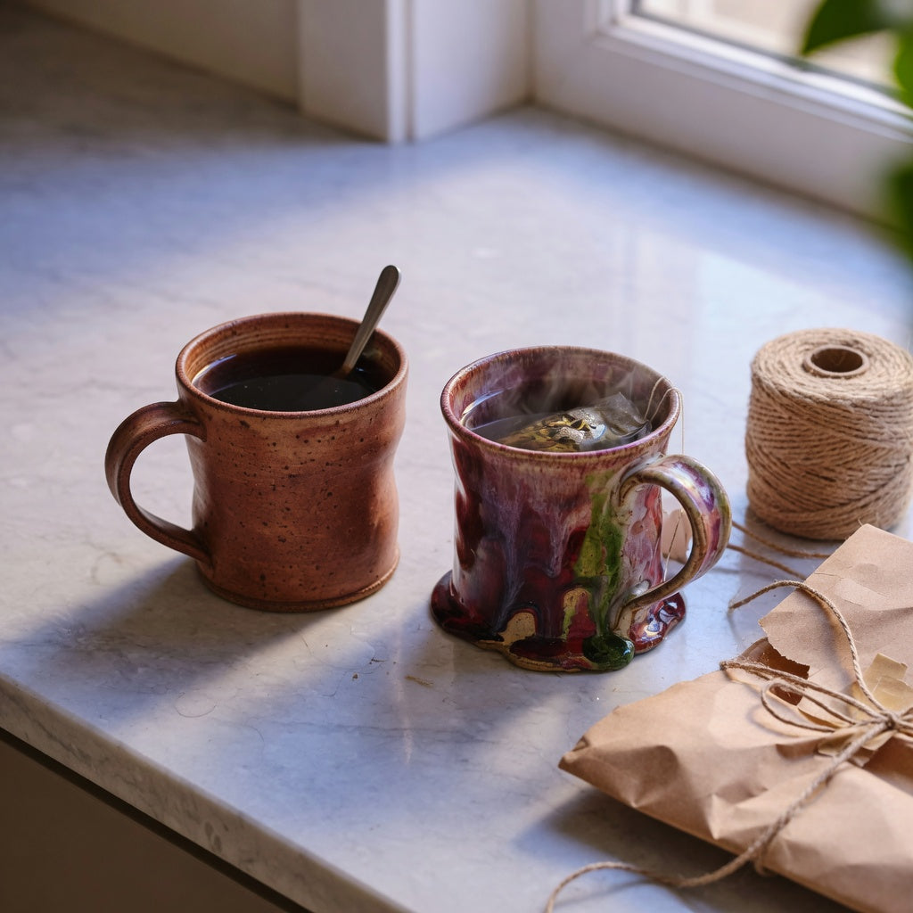 Unique ceramic coffee tea mug gifts on a kitchen counter with fresh coffee and steeping tea