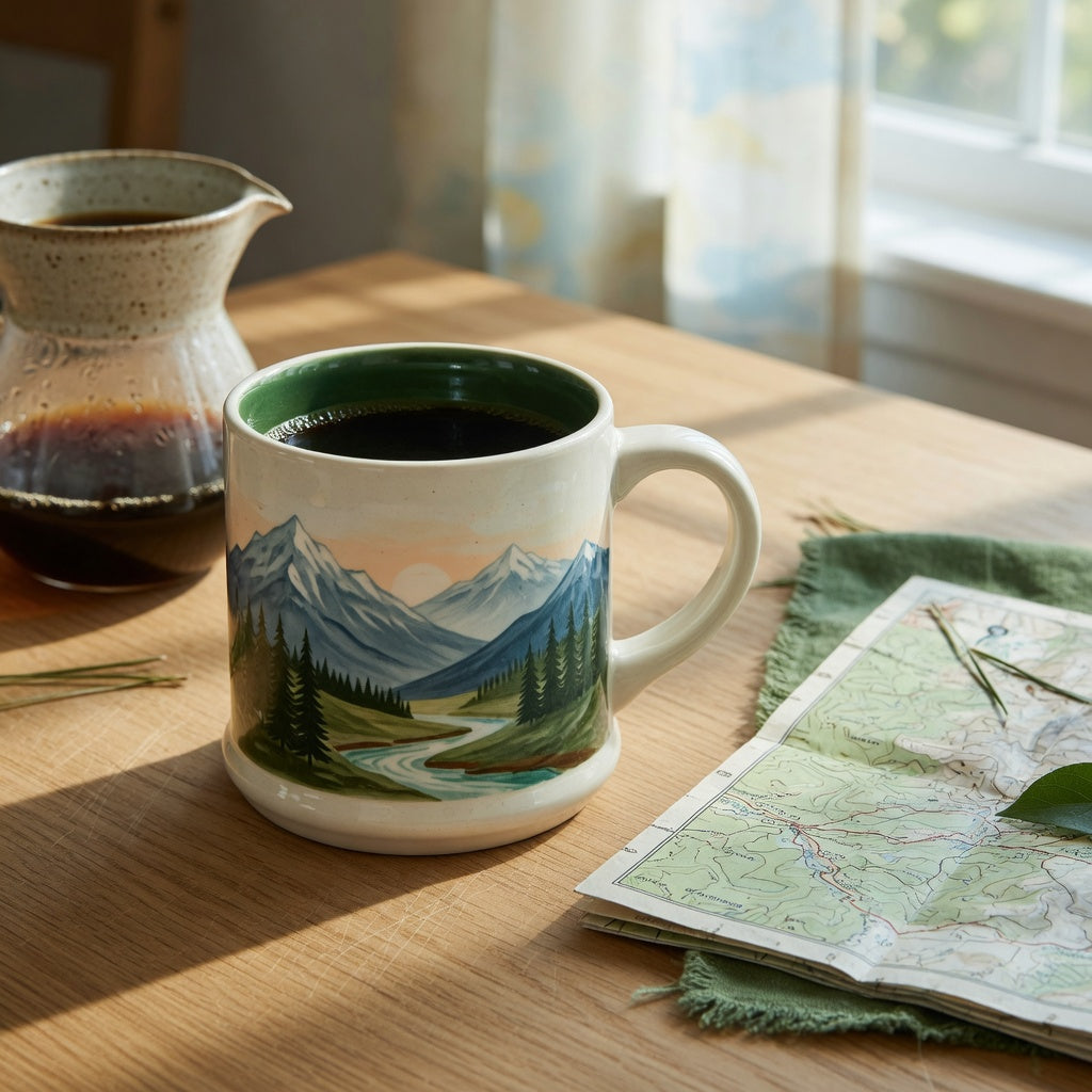 Unique ceramic mountain mug gift beside fresh coffee and a folded trail map